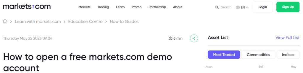Markets.com Account Types and Features - Demo Account 