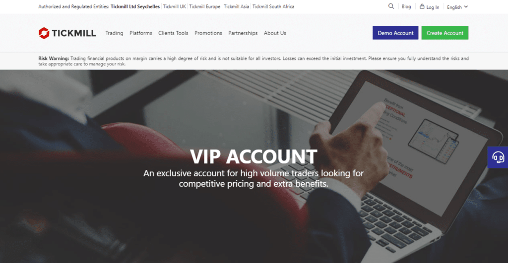 Tickmill Account Types and Features - VIP Account 